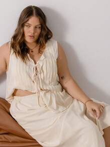 Aralina Curve Sleeveless Summer Vacation Pleated Front Tie Beach Top - Yellow - View 5