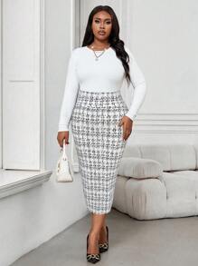 SHEIN Lady Falda lápiz ajustada de talla grande con estampado a cuadros, estilo de viaje para el otoño - Blanco - Ver 3