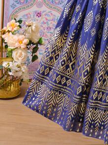 SHEIN Tween Girl' Style Gold Foil & Retro Printed Chiffon Dress With Shawl - Royal Blue - View 6