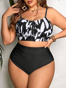 Swim Lushoire Plus Size Women's 2pcs Tie Dye Spaghetti Strap Tankini Swimwear Set For Summer Beach Vacation - Black and White - View 1