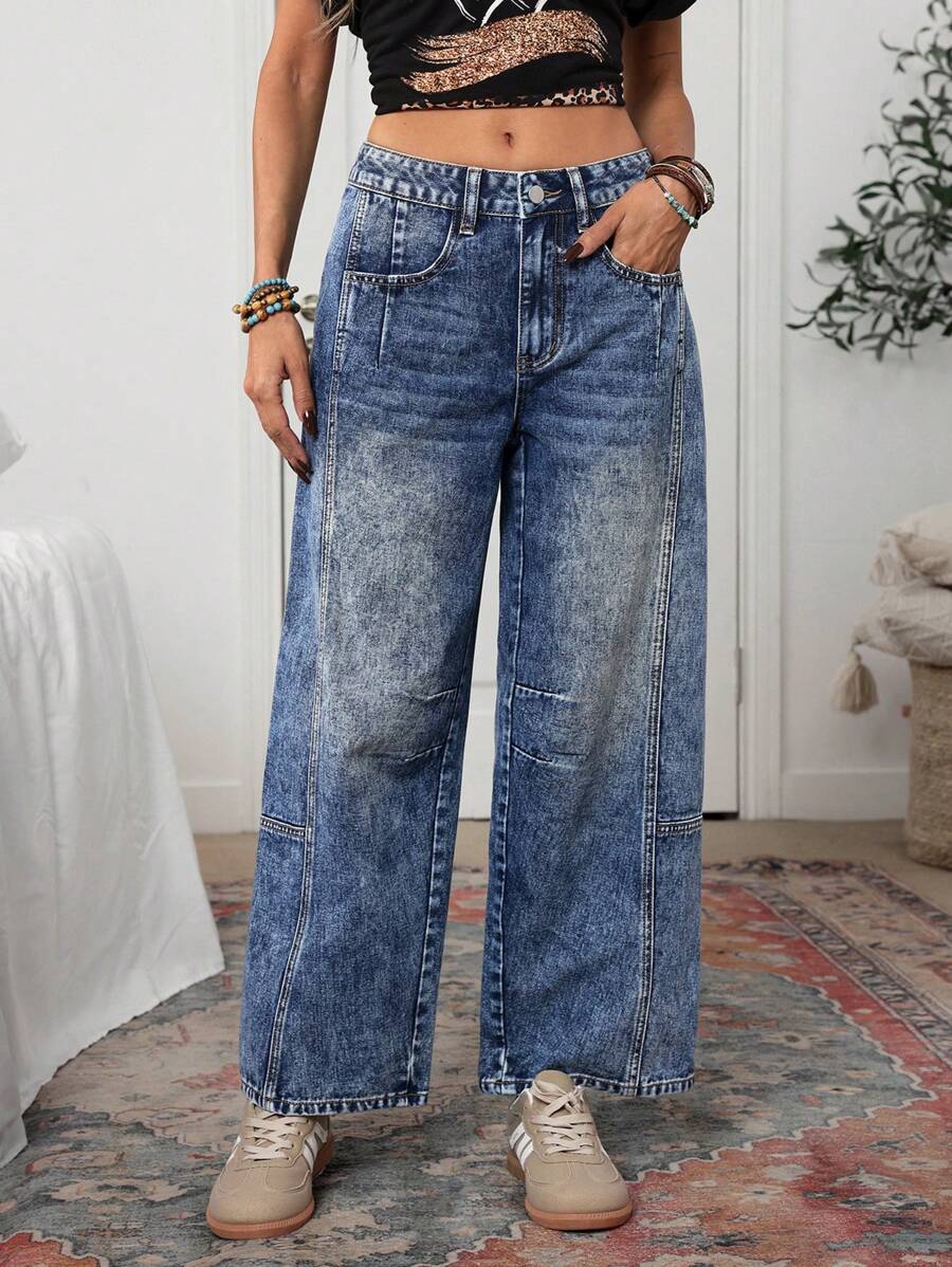 SHEIN LUNE Women's Casual Washed Distressed Straight-Leg Jeans - Blue - View 1