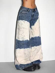 SHEIN ICON 女式撞色口袋阔腿休闲牛仔裤 - 藍色 - 查看 2