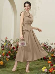 Modelyn 女士优雅两件套，包含一件前扣无袖上衣和一条飘逸的裙子 2 件套