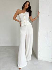 SHEIN Privé Conjunto de dos piezas elegante, romántico y sexy de estilo oficinista para mujeres: Blusa con hombros descubiertos blanca + Pantalones de corte holgado. Ideal para ocasiones como el Día del Maestro, fiestas, vacaciones, regreso a la escuela, citas románticas y bodas.