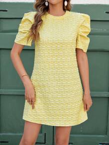 Ellevyn Women's Elegant Textured Floral Jacquard Gigot Sleeve Loose Short Dress - Yellow - View 6