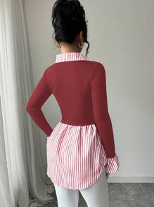 Elenzga Women's Striped Collar Long Sleeve Knit Patchwork Sweater - Multicolor - View 2