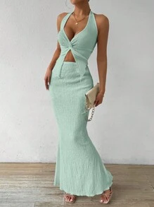 Rafferiza 2pcs/Set Twist Knot Open Back Halter Top & Mermaid Hem Skirt - Mint Green - View 4