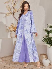 Al Najma Elegant Patchwork Dubai Abaya Kaftan Jalabiya Dress - Purple - View 3
