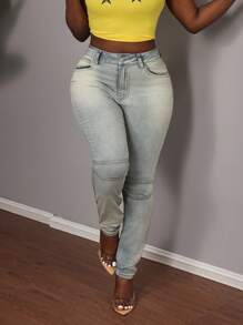 Slaydiva Jeans ajustados y elásticos sexy para mujer, de tiro bajo, color azul, ideales para festivales de verano - Azul lavado medio - Ver 2