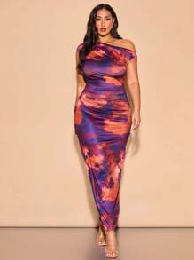 SHEIN BAE Plus Size Women's Elegant Long Asymmetric Collar Bodycon Knit Dress With Colorful Ombre Print, Suitable For Daily Wear, Commute, Outing, Date, Afternoon Tea, Vacation - Purple - View 5