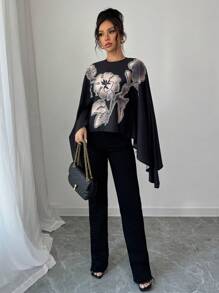 Elenzga Spring And Summer Latest Flower Print Black Round Neck Batwing Sleeve Elegant Loose Ladies Shirt Tops
