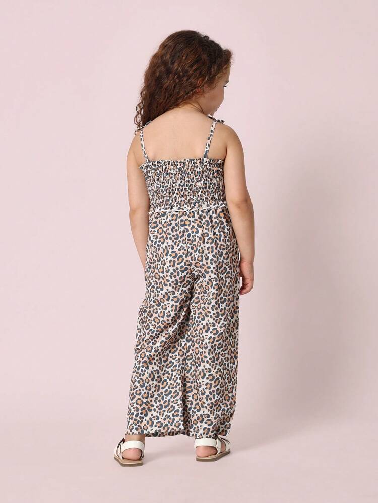 Smocked Ruffle Strap Print Wide Leg Jumpsuit