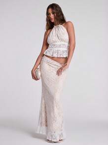 SHEIN BAE Falda de encaje de malla floral elegante de cintura baja para vacaciones en la playa, invitados de boda, despedidas de soltera