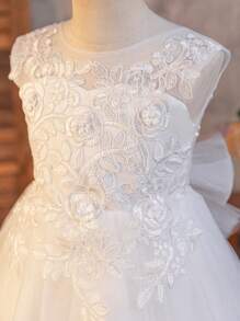 SHEIN Glamorique Kids 年轻女孩优雅白色网眼蝴蝶结蓬蓬公主婚礼派对礼服，适合所有季节 - 白色 - 查看 7
