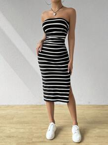 SHEIN EZwear Women Black And White Striped Knitted Strapless Bodycon Dress
