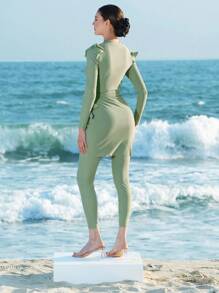 Swim Shayni Bộ đồ bơi và bikini màu trơn cổ tròn tay dài xếp nếp ngực mới cho nữ mùa hè - xanh quân đội - Xem 2