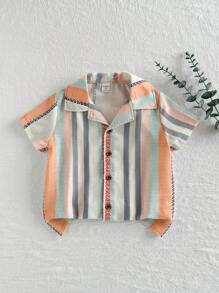 Vintaside Kids 年轻男孩休闲花卉条纹图案翻领短袖衬衫上衣，夏季 - 橘色 - 查看 2