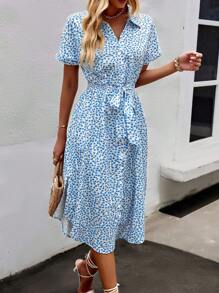 Breezaya 碎花系带前纽扣连衣裙长款女装 - 藍色 - 查看 4