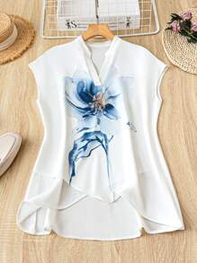 Mulvari Blusa de mujer con estampado floral, escote con muesca y bajo asimétrico para uso casual en vacaciones
