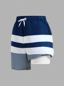 SHEIN Teen Boys' Blue Striped Beach Swimming Trunks - Comfortable, Fashionable, Versatile, Soft, Suitable For Daily, Sports, And Beach Vacation - Blue and White - View 5