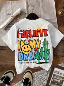 SHEIN Young Boy Casual Short Sleeve Round Neck T-Shirt, Suitable For Summer - White - View 1