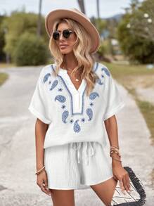 SHEIN LUNE Women's Paisley Embroidered Drop Shoulder Bohemian Textured V-Neck Shirt With Drawstring Waist Shorts 2 Pieces Set