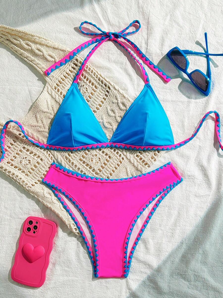 SHEIN Swim Spring Break Women's Beachwear Summer Vacation Beach Clothes Outfits, Colorblock Halter Bikini 2 Pieces Set, Festival Bohemian
