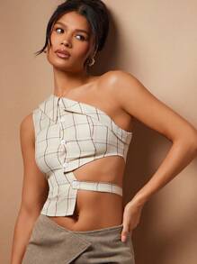 Hauture Blusa asimétrica con botones y cuello a cuadros, sexy para la oficina - Caqui - Ver 2