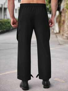 Manfinity Homme Pantalones casuales de hombre de talla grande de un solo color con cordones y bolsillos, para usar a diario - Negro - Ver 2