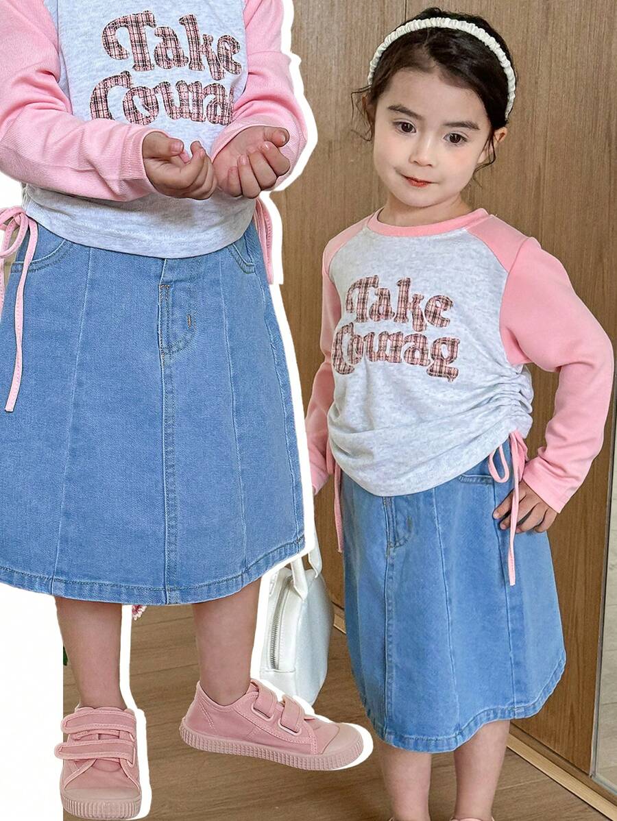 Denimly 年轻女孩休闲都市学院风浅色洗水牛仔半身裙，松紧腰身，前部带纽扣