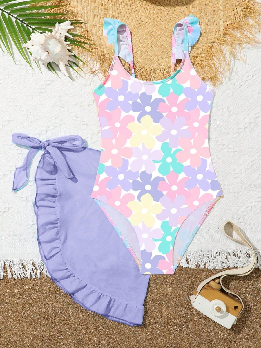 1pc Young Girl Colorful Flower Printed One-Piece Swimsuit With Mesh Skirt Summer Holiday - Multicolor - View 1