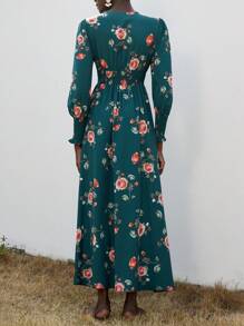 Aveloria Modichic 浪漫印花深 V 领收腰修身长袖连衣裙，优雅法式风格