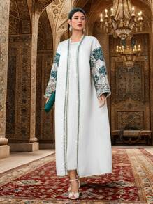 Al Najma Women's Elegant Banquet Green Jacquard Patchwork Sleeves,Gold Webbing Arabesque Coat,White Modest Robe Abaya For Spring,Valentine's Day - White - View 3