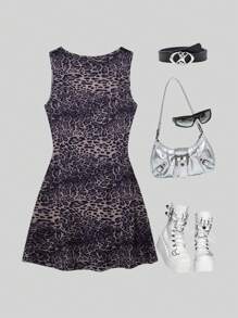StreetHx 女士街头休闲豹纹 V 领无袖迷你连衣裙