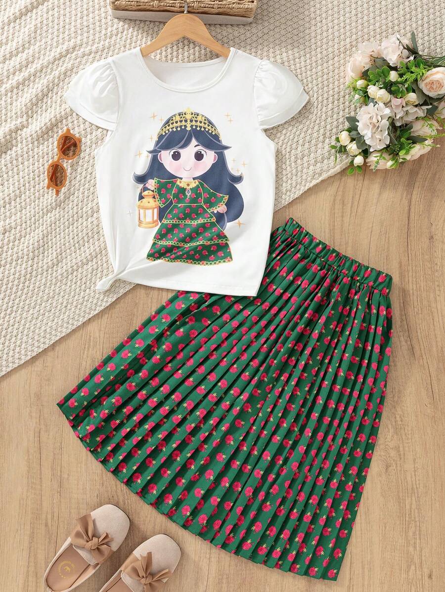Tween Girls Cute Local Rose Ditsy Floral Maxi Skirt With Pleats, 2 Pieces Set - Dark Green - View 1