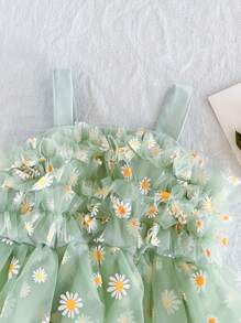 SHEIN 女婴春绿色华丽可爱风格别致网眼天鹅绒网眼面料细肩带松紧腰喇叭裙，适合派对和聚会