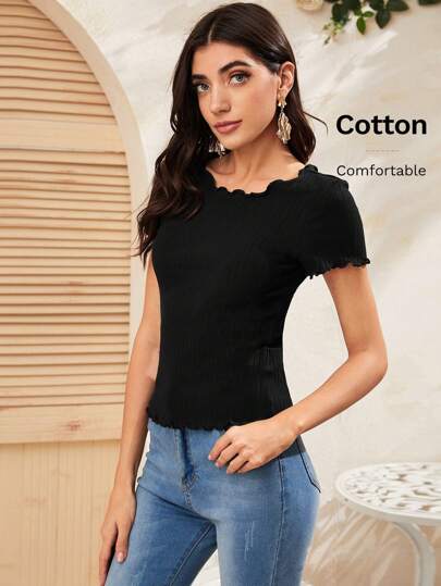 Camiseta tejida de canalé ribete en forma de lechuga