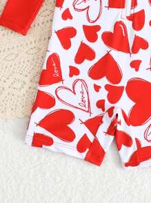 SHEIN Baby Girls' Heart Print Zip-Up Half Front Snap Long Sleeve Casual Swimsuit With Shorts - Multicolor - View 4