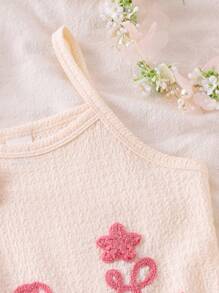 SHEIN Young Girl Apricot Knitted Minimalist Strap Dress With Embroidered 3D Floral Decor, Comfortable Summer Casual Skirt For Little Girls & Teenagers - Apricot - View 7