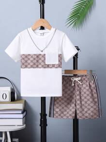 2pcs Set Young Boys Round Neck T-Shirt And Printed Shorts, Summer Getaway, Holiday, Travel, Relax, Sunbathing - White - View 1