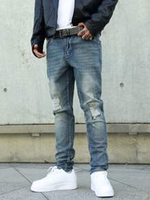 Manfinity Homme Quần Jeans Ống côn rách cá tính thường ngày cho nam - Rửa nhẹ - Xem 3