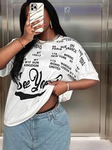 BamGleam BamGla Casual Moda Carta Imprimir Solto Manga Curta T-Shirt Para Mulheres - Branco - Ver 3
