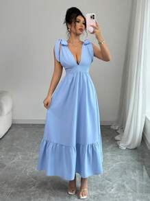 Vestido de cuello en V sin mangas con cintura ajustable con cordón, color azul, adecuado para primavera/verano - Blanco marfil - Ver 7