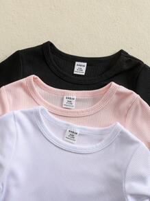 3-Piece Baby Girl Spring/Summer Knit Round Neck Short Sleeve Top And Shorts Outfit Set, Multi-Color Combination Home Wear - Multicolor - View 4