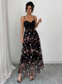 Elenzga Spaghetti Strap Waist Corset Designed Floral Embroidery A-Line Ruffle Hem Holiday Dress, Elegant For Spring/Summer - Black - View 3