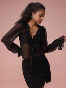 Enchnt Women's Elegant See-Through Ruffle Hem Blouse