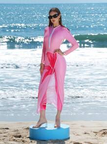 Swim Shayni 女士 3 件套拉链前渐变色印花拼色高领长袖连体泳衣和花卉印花网眼罩衫连衣裙，适合海滩度假阿拉伯服装 - 淺粉色 - 查看 7