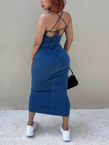 SHEIN SXY Women's Denim Dress, Casual Fitted Sleeveless Blue,Solid Color Sexy Open Back Sleeveless Beach Dress, Formal Party Backless Gown,Vacation Outfits Women,Year-Round,For Spring/Summer Holiday,Beach Mini Dress For Women Summer Women Dresses Vacation Spring/Summer Outfits For Women Rave Outfits Festival Easter Women Outfit,Suitable For Summer