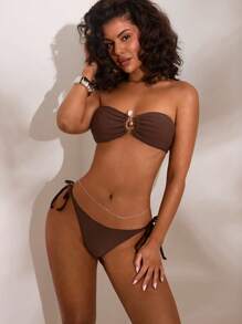 Opulessa Bộ đồ bơi bikini gợi cảm hở lưng kết nối hình tròn bãi biển mùa hè dành cho nữ - Cà phê nâu - Xem 3
