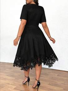 SHEIN Clasi Vestido negro casual con textura, vestido con encaje negro, vestido de punto de manga corta de verano delgado con encaje, vestido de punto a línea midi con cuello alto y cintura, vestido midi de encaje estilo francés